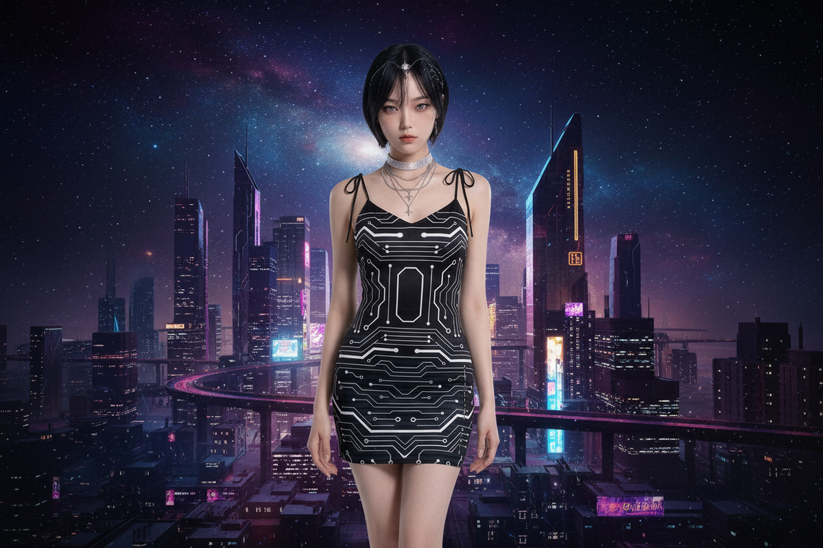 K.Ai, Veridion Model AB-10004, standing in a galactic cyberpunk environment wearing a circuit-board dress