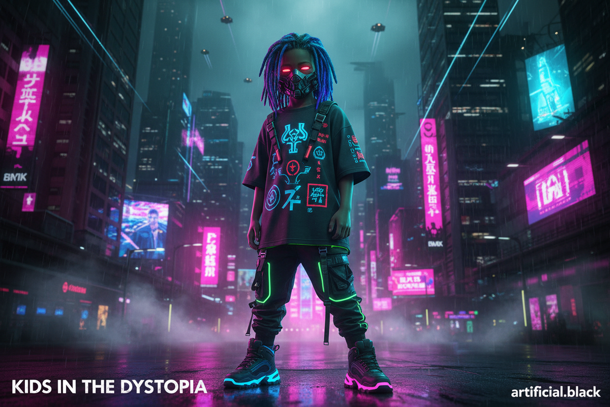 AI-generated child model in a cyberpunk outfit in a neon-lit dystopian cityscape — artificial.black editorial
