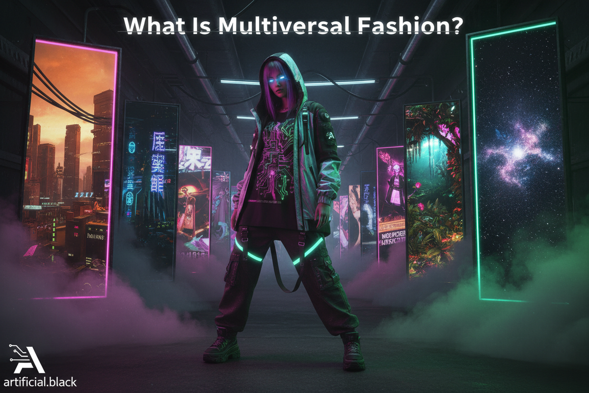 AI model wearing a layered cyberpunk outfit in a neon-lit multiversal corridor — artificial.black editorial