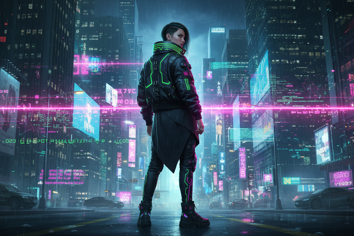 AI model standing in a neon-lit cyberpunk dystopian cityscape representing the Veridion universe