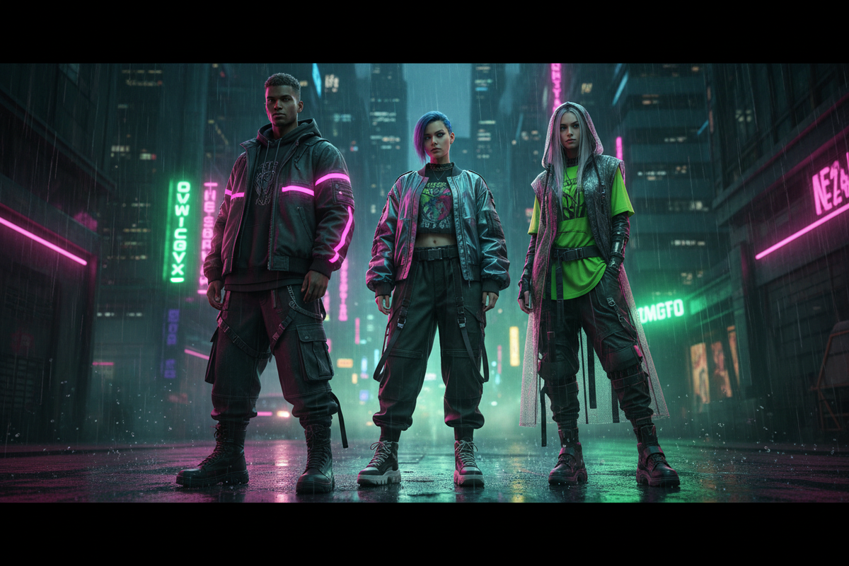 AI-generated models styled in oversized cyberpunk streetwear in a neon-lit urban environment