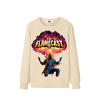 Beige sweatshirt with 'The Flamecast' graphic design on a white background