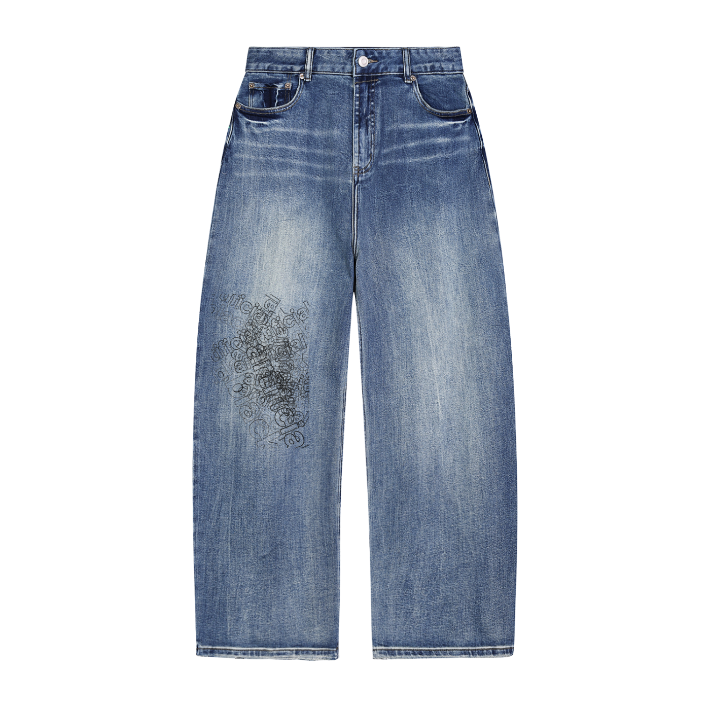 Blue jeans with floral embroidery on a white background