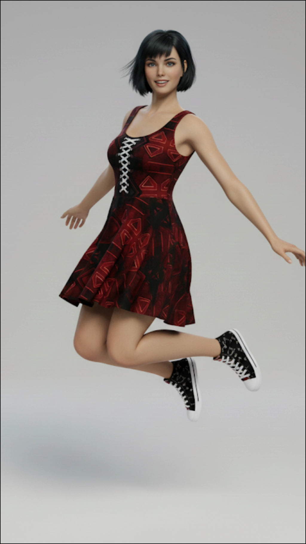 Woman wearing a red and black dress with white lace details on a gray background