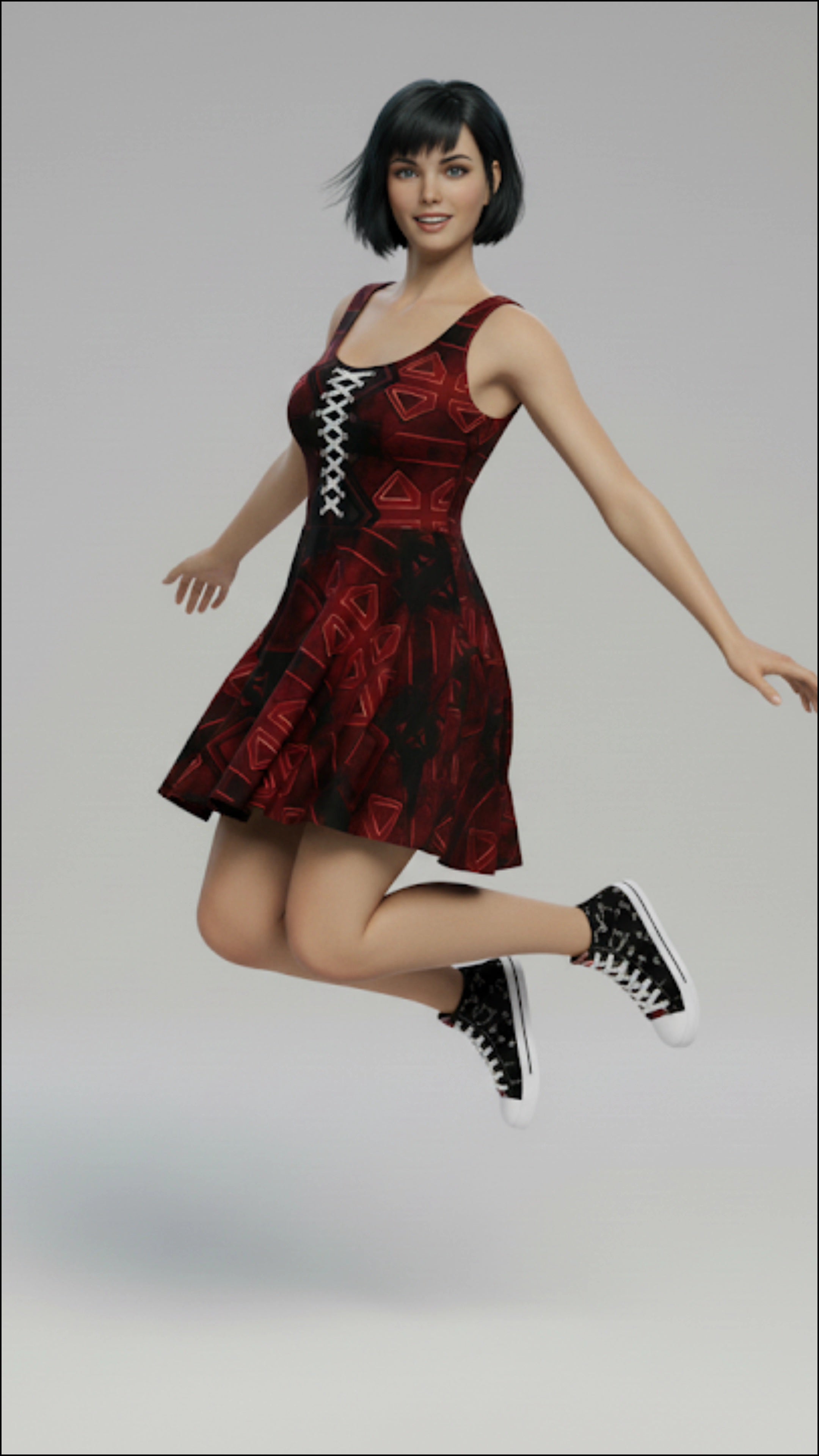 Woman wearing a red and black dress with white lace details on a gray background