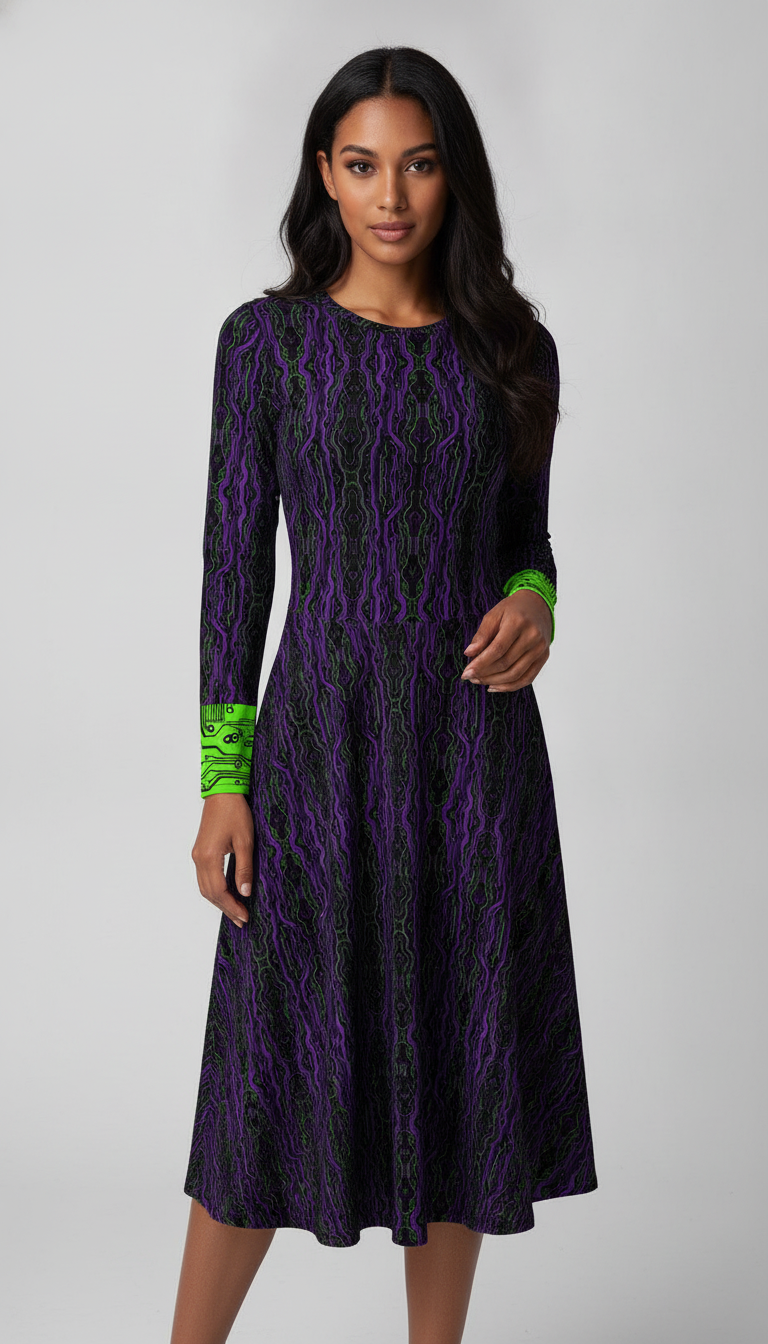 Neon Circuits Long Sleeve Midi Dress