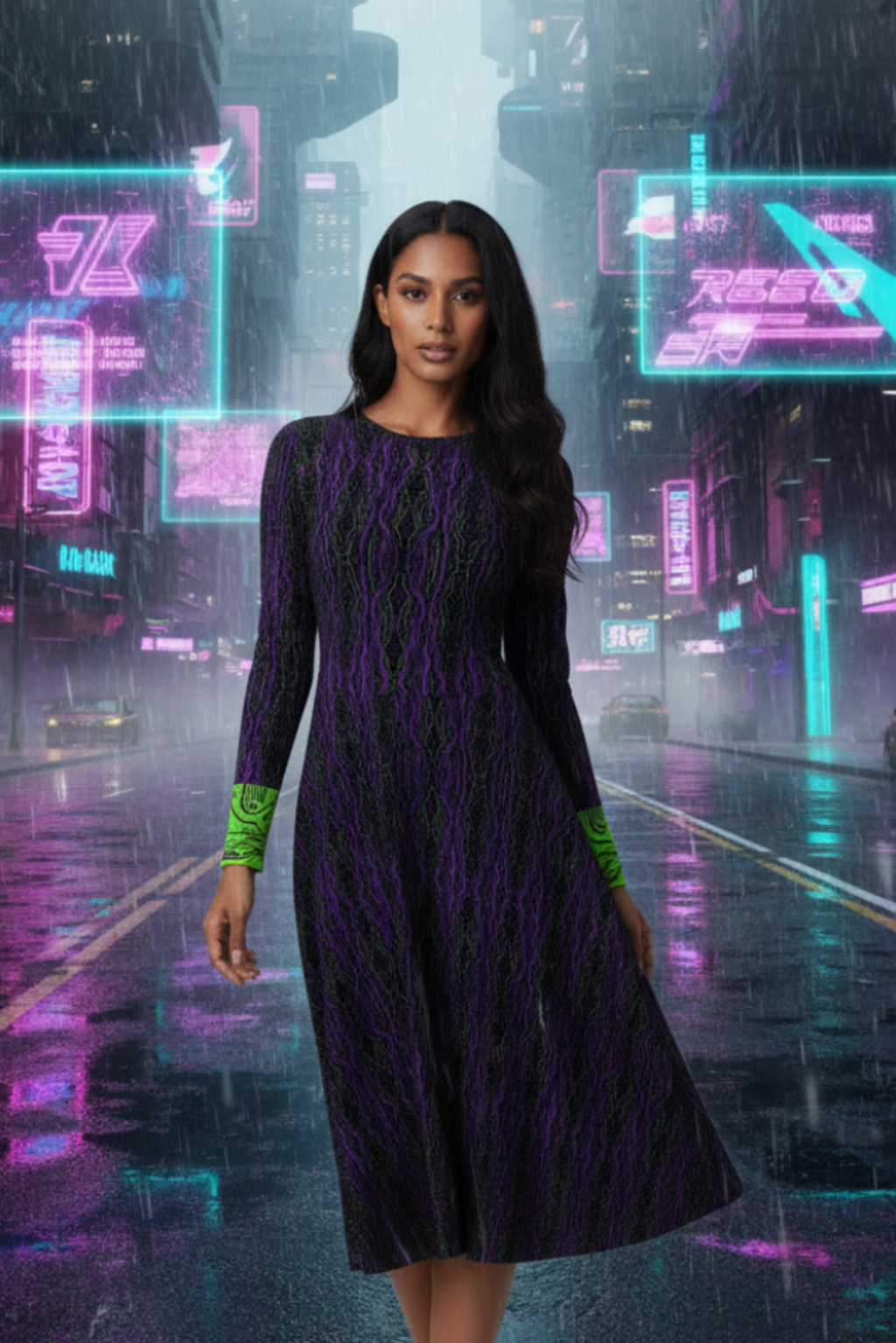A woman modeling a long-sleeve A-line dress with a purple and black wavy abstract pattern and bright neon green cuffs, posed against a light gray studio background.