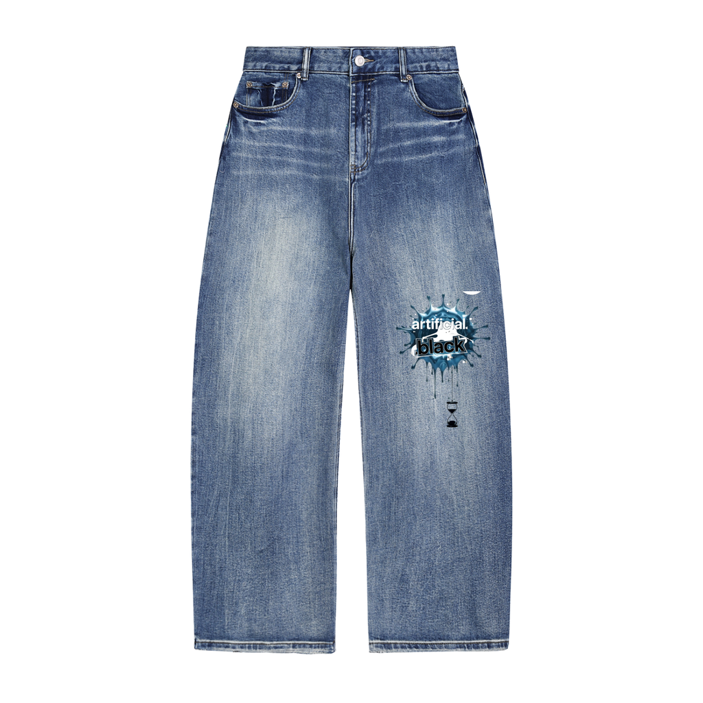 Blue jeans with a graphic design on a white background