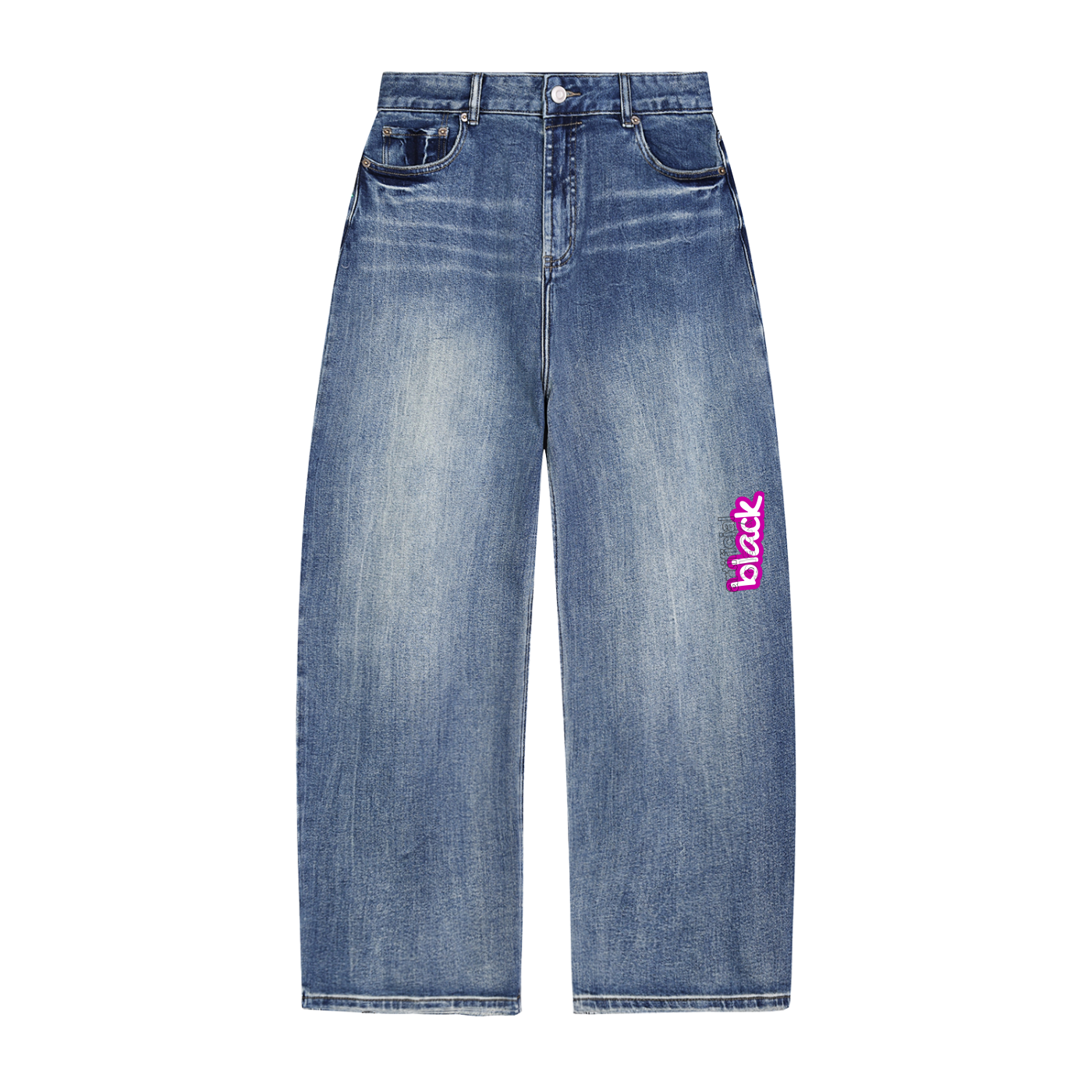 Blue jeans with a pink logo on a white background
