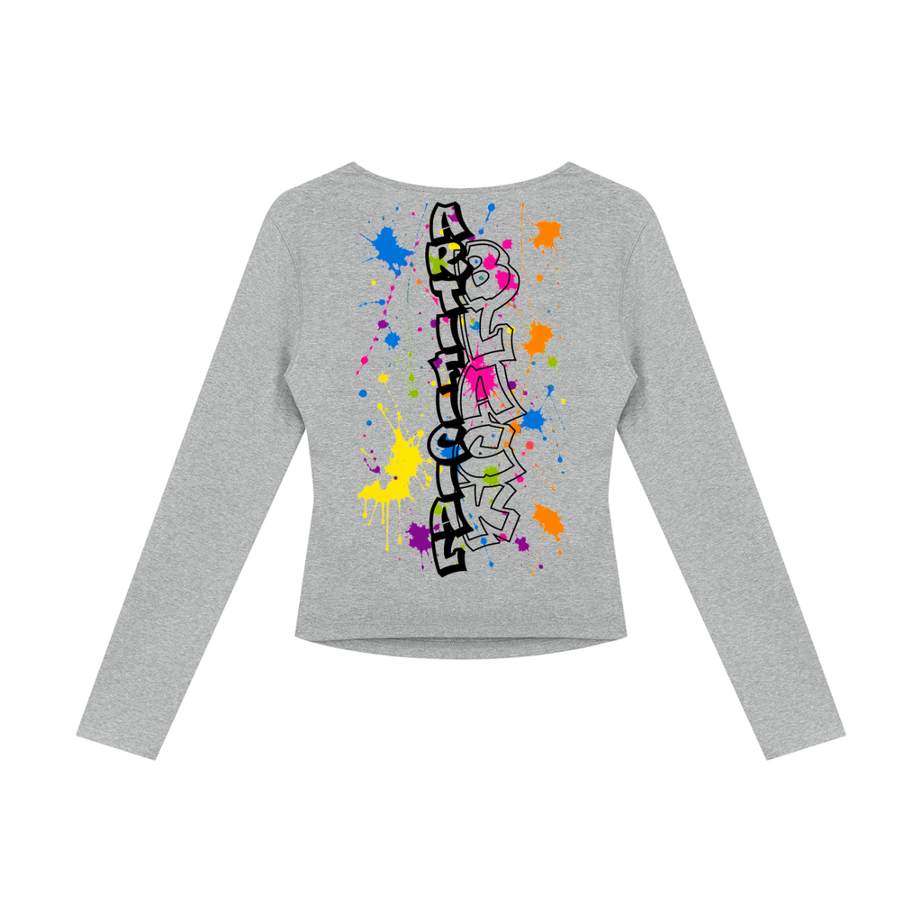 A heather gray long-sleeve crop top with a colorful graffiti-style graphic on the back. The graphic features the word 'ART' in black and white block letters, surrounded by vibrant paint splatters in pink, blue, yellow, orange, and purple.
