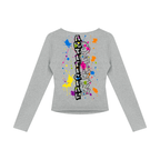 A heather gray long-sleeve crop top with a colorful graffiti-style graphic on the back. The graphic features the word 'ART' in black and white block letters, surrounded by vibrant paint splatters in pink, blue, yellow, orange, and purple.