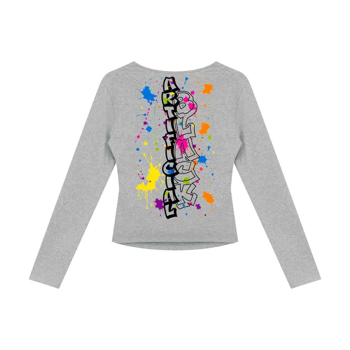 A heather gray long-sleeve crop top with a colorful graffiti-style graphic on the back. The graphic features the word 'ART' in black and white block letters, surrounded by vibrant paint splatters in pink, blue, yellow, orange, and purple.