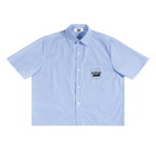 Blue striped shirt with a brand logo on a white background