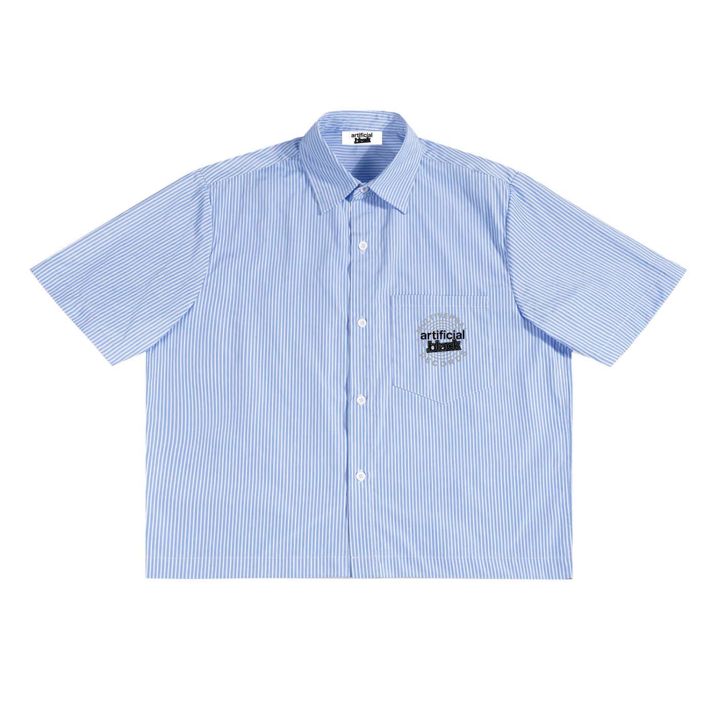 Blue striped shirt with a brand logo on a white background