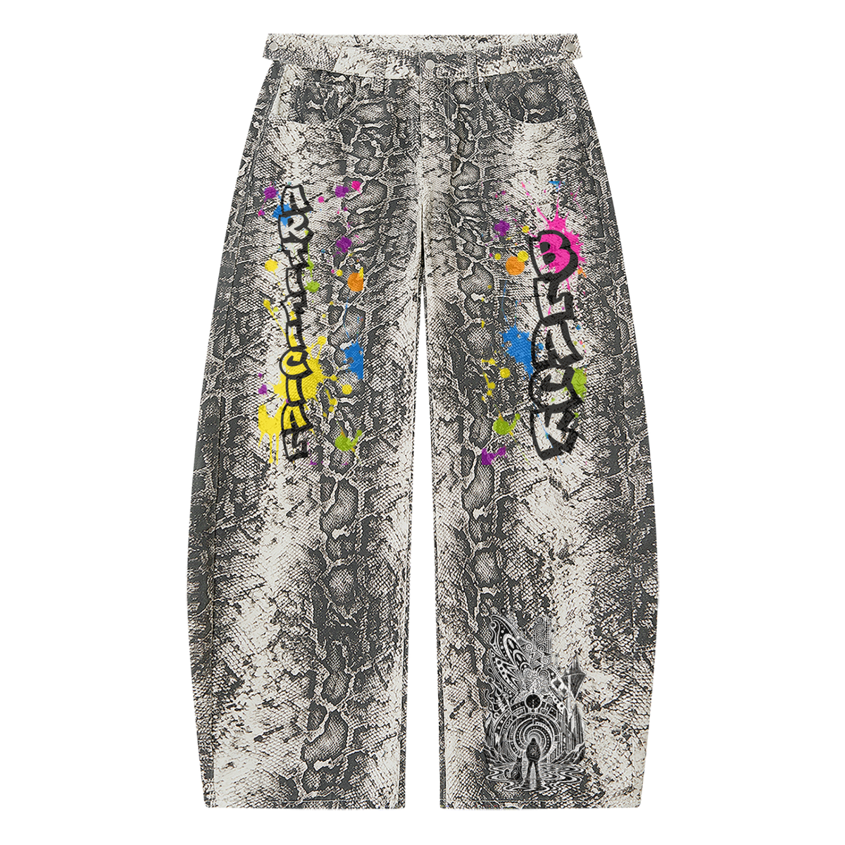 Men's Snake Print & Splatter Barrel Leg Pants
