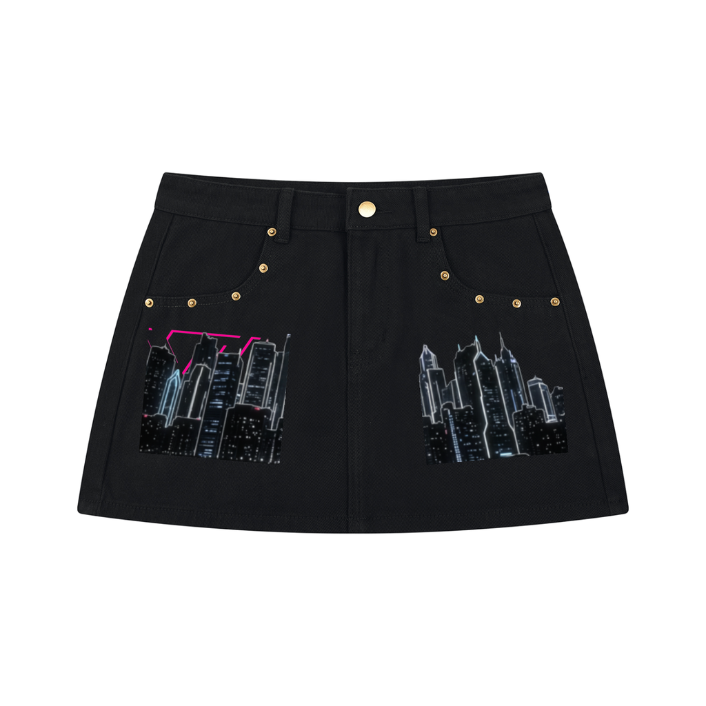 A.B. Neon Studded City Denim Mini Skirt