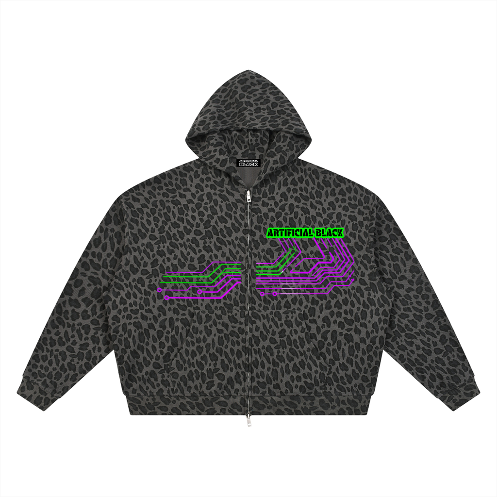 Unisex Leopard Print Waffle Full Zip Hoodie