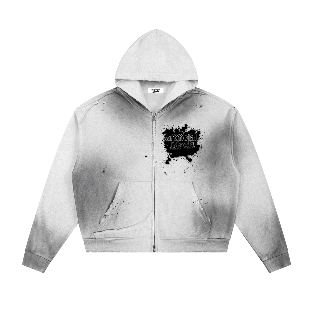 Sun Fade Frayed Raw Edge Fleece Zip Hoodie