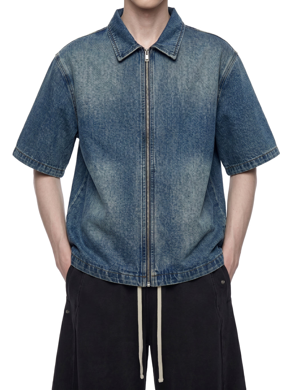 Unisex Vintage Washed Full-Zip Denim Shirt