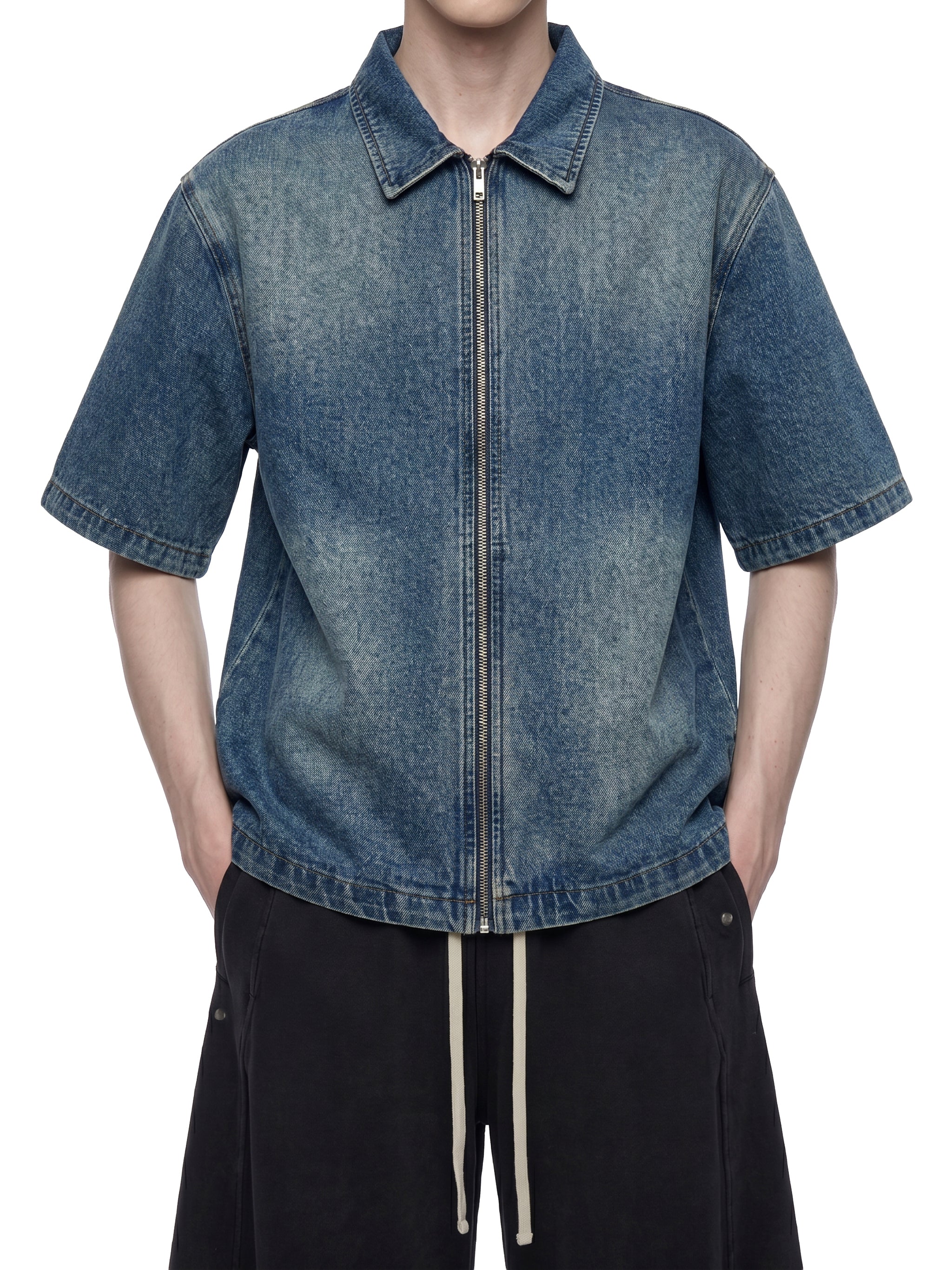 Unisex Vintage Washed Full-Zip Denim Shirt