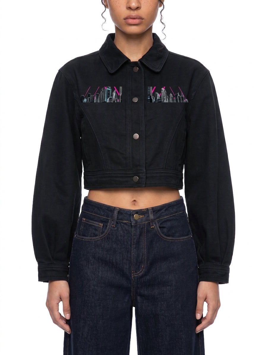 Neon City Nights Crop Denim Jacket