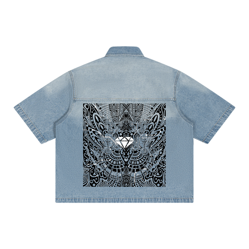Chemise courte unisexe en jean délavé coupe carrée