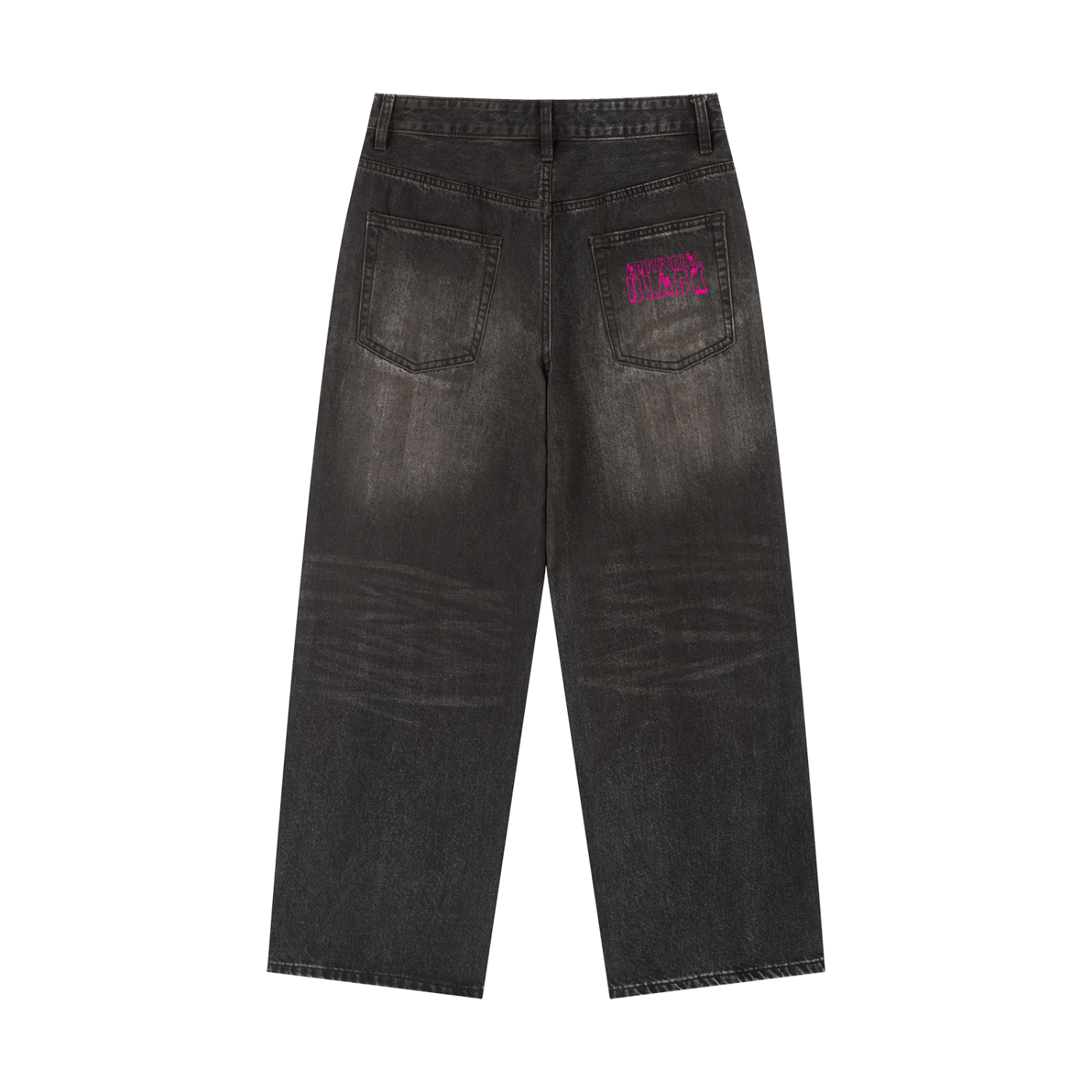 Black jeans with a pink logo on the back pocket against a white background