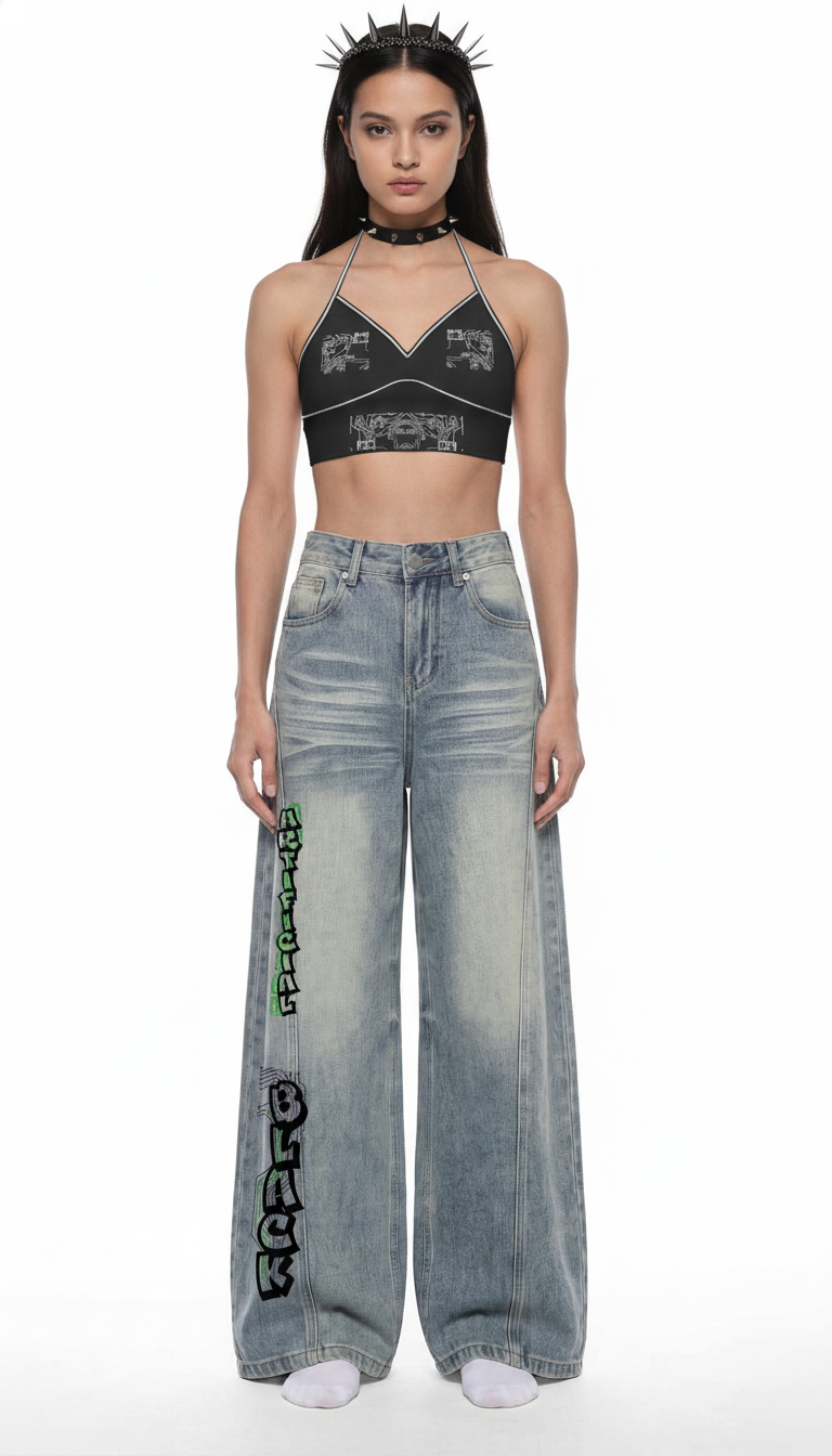 Women’s Vintage Wash Digital Wide Leg Denim Jeans