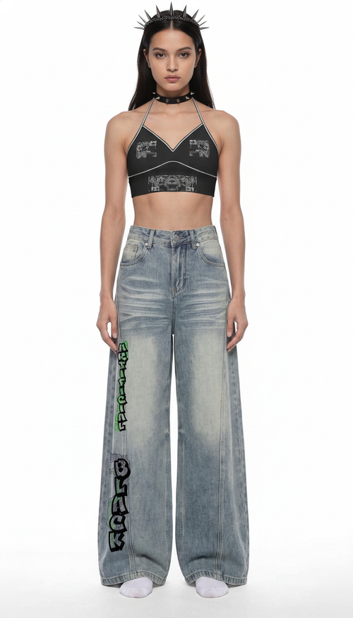 Women’s Vintage Wash Digital Wide Leg Denim Jeans
