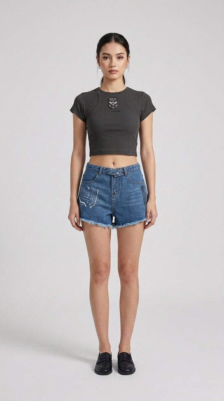 Short en jean taille haute pour femme, délavage vintage amélioré numériquement