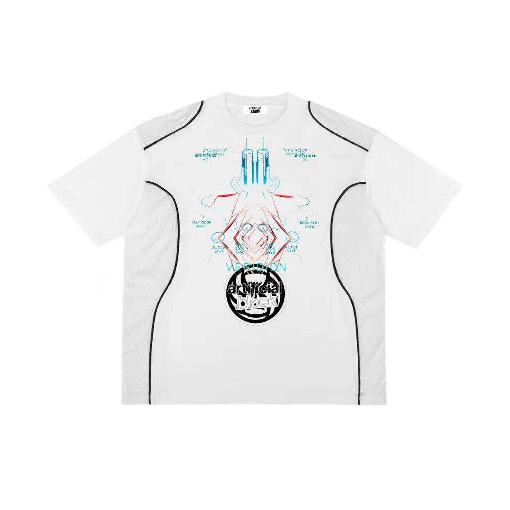 White t-shirt with graphic design on a white background