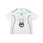 White t-shirt with graphic design on a white background