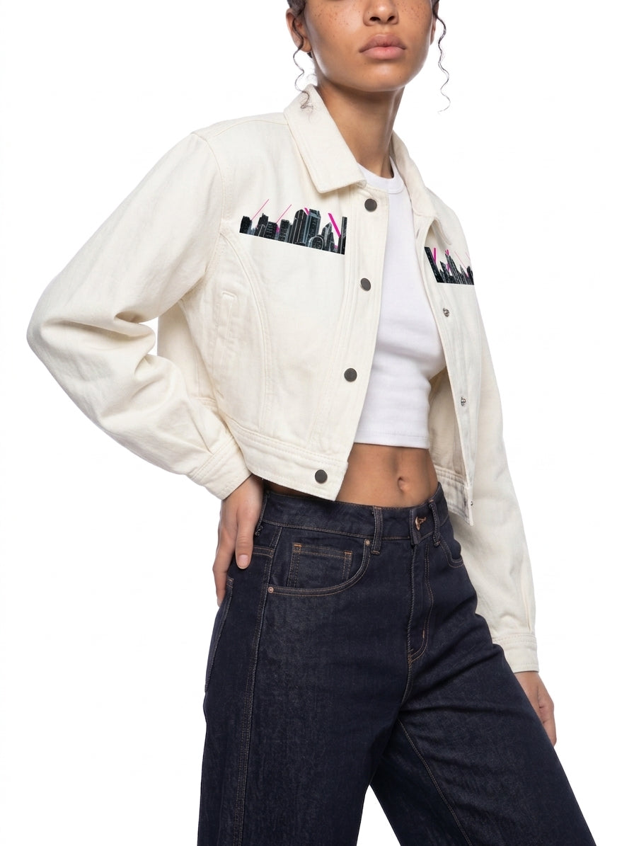 Neon City Nights Crop Denim Jacket