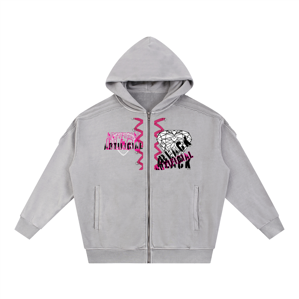 Snow Washed Tape Raw Edge Zip Hoodie