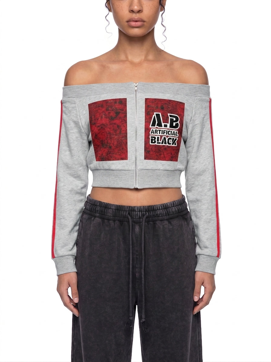 Women's Artificial.Black X Livingmurals® Off-Shoulder Full Zip Hoodless Hoodie