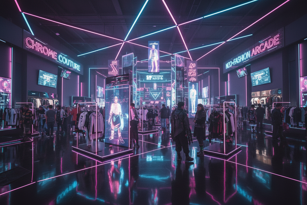a neon lit cyber punk mega unisex clothing store 