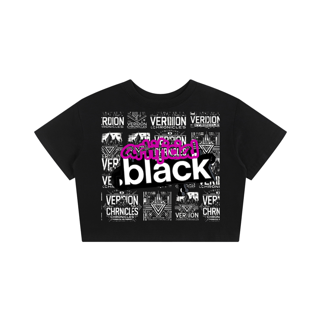 Black crop top with graphic design and text on a white background