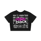 Black crop top with graphic design and text on a white background