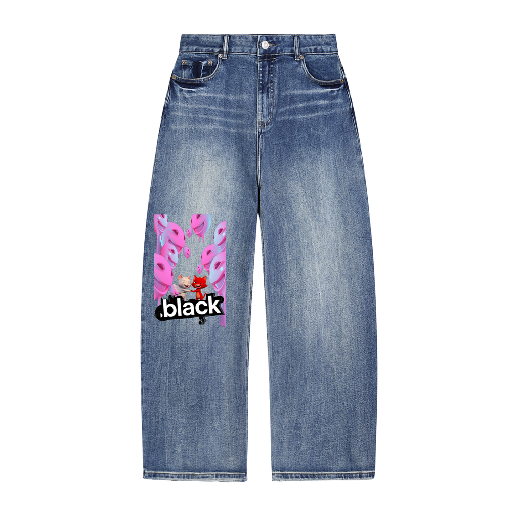 Blue jeans with a graphic design on a white background