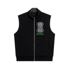 Black vest with a logo and text on a white background