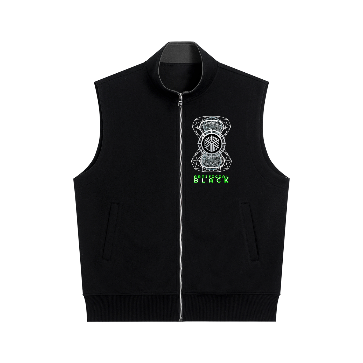 Black vest with a logo and text on a white background