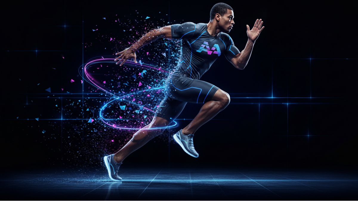 Person running with futuristic design elements and 'Artificial Athletics' text on a dark background