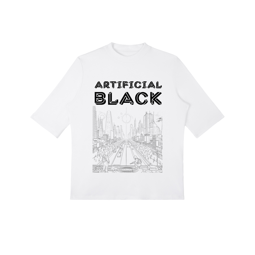 White t-shirt with 'Artificial Black' text and cityscape graphic on a white background