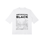 White t-shirt with 'Artificial Black' text and cityscape graphic on a white background