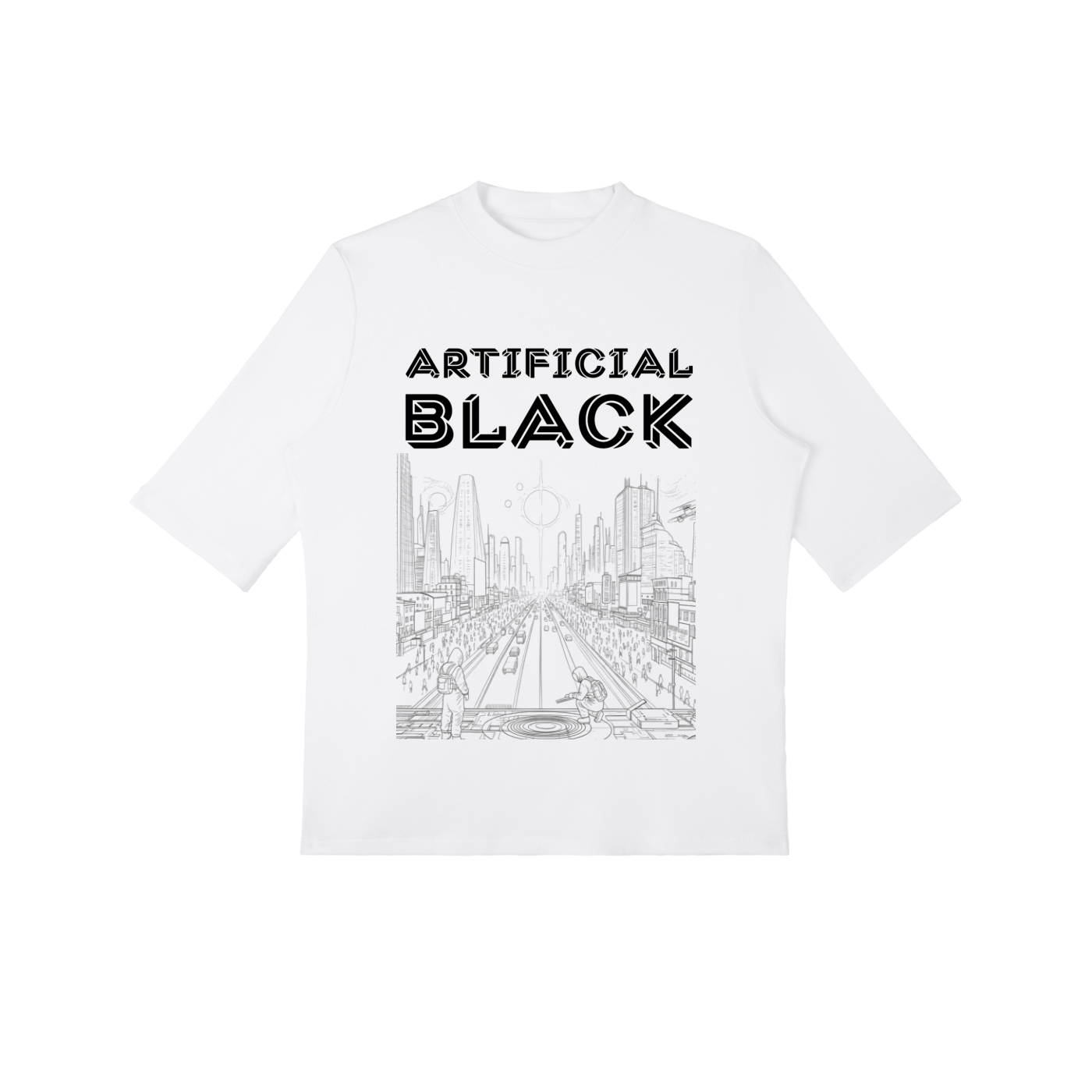 White t-shirt with 'Artificial Black' text and cityscape graphic on a white background