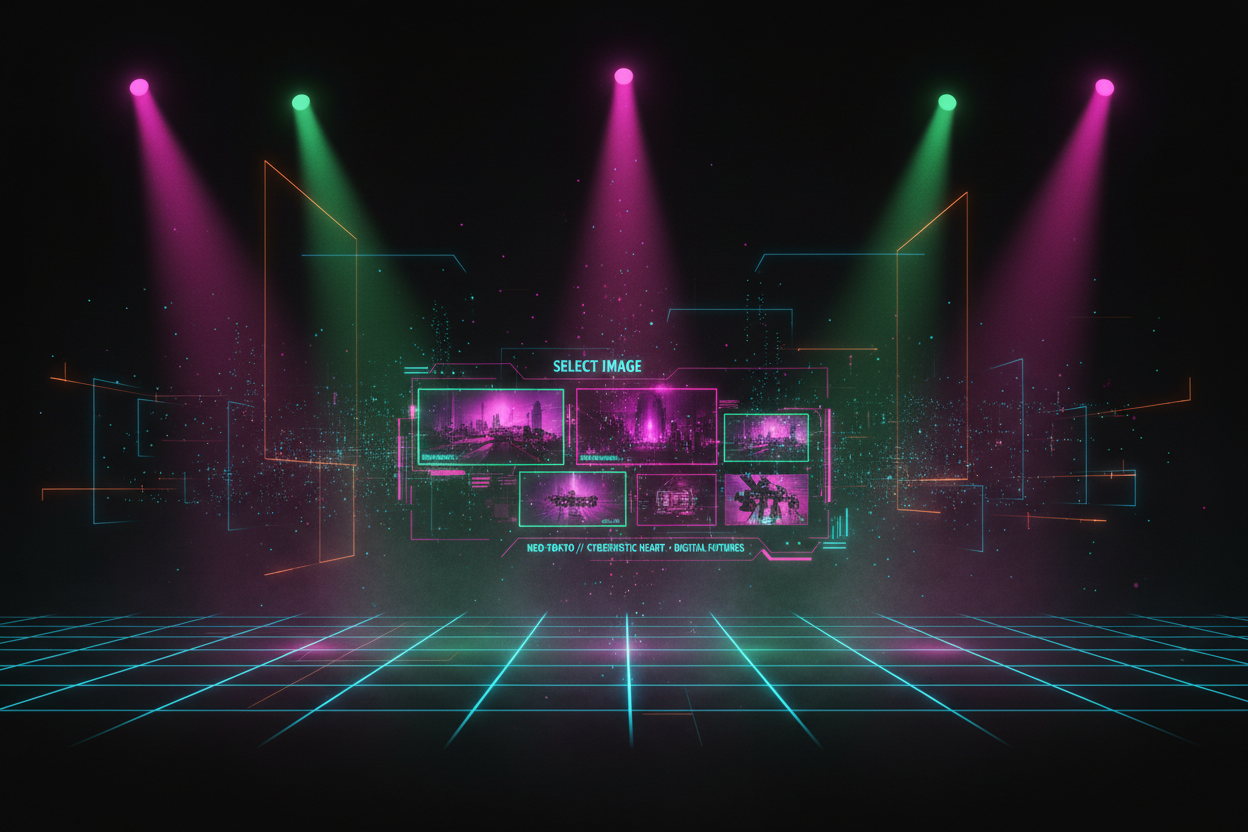 Augumented reality cyber punk virtual image selection background. black with neon glowing pink and green as the primary highlight colors. there should be spotlights coming from the top of the image showcase
