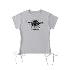 Gray t-shirt with a black graphic design on a white background