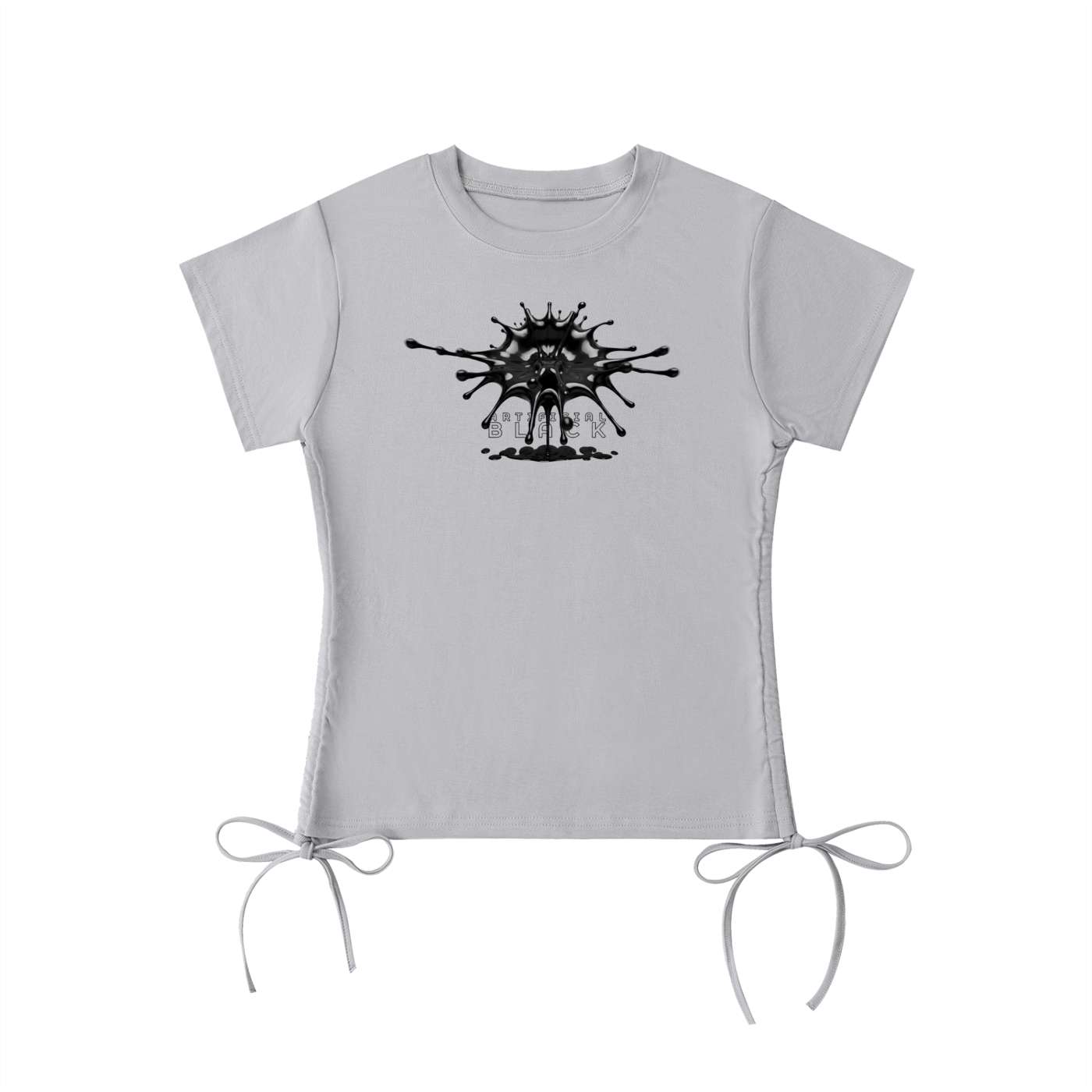 Gray t-shirt with a black graphic design on a white background