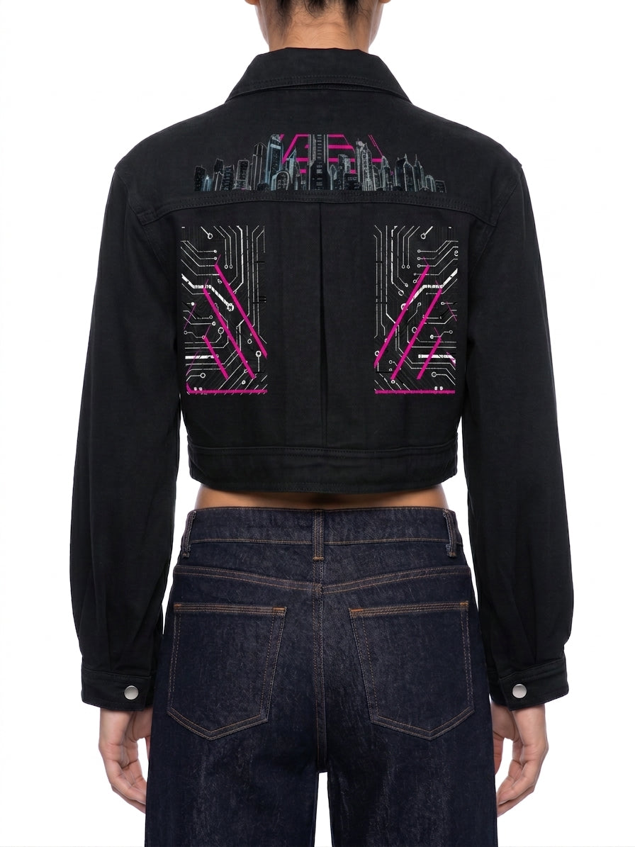 Neon City Nights Crop Denim Jacket