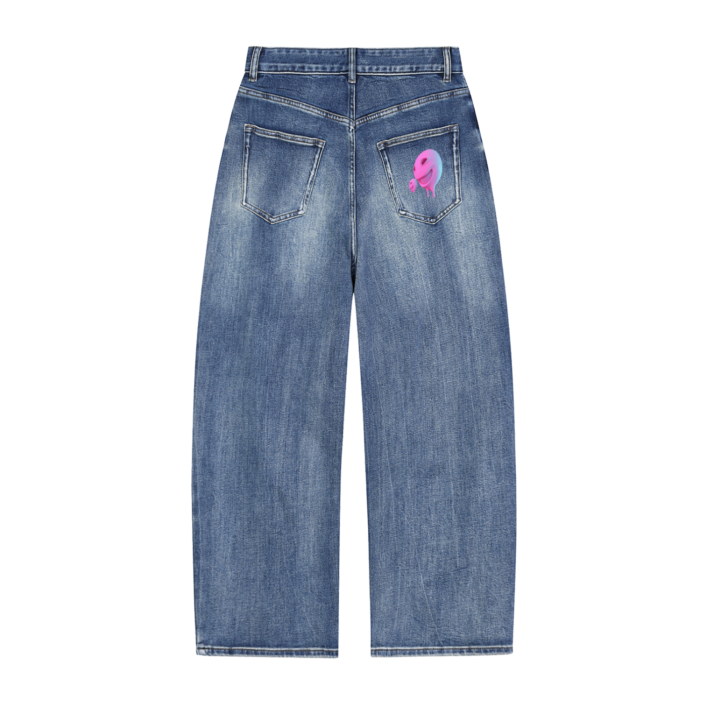 Blue jeans with a pink breast cancer awareness ribbon on the back pocket against a white background